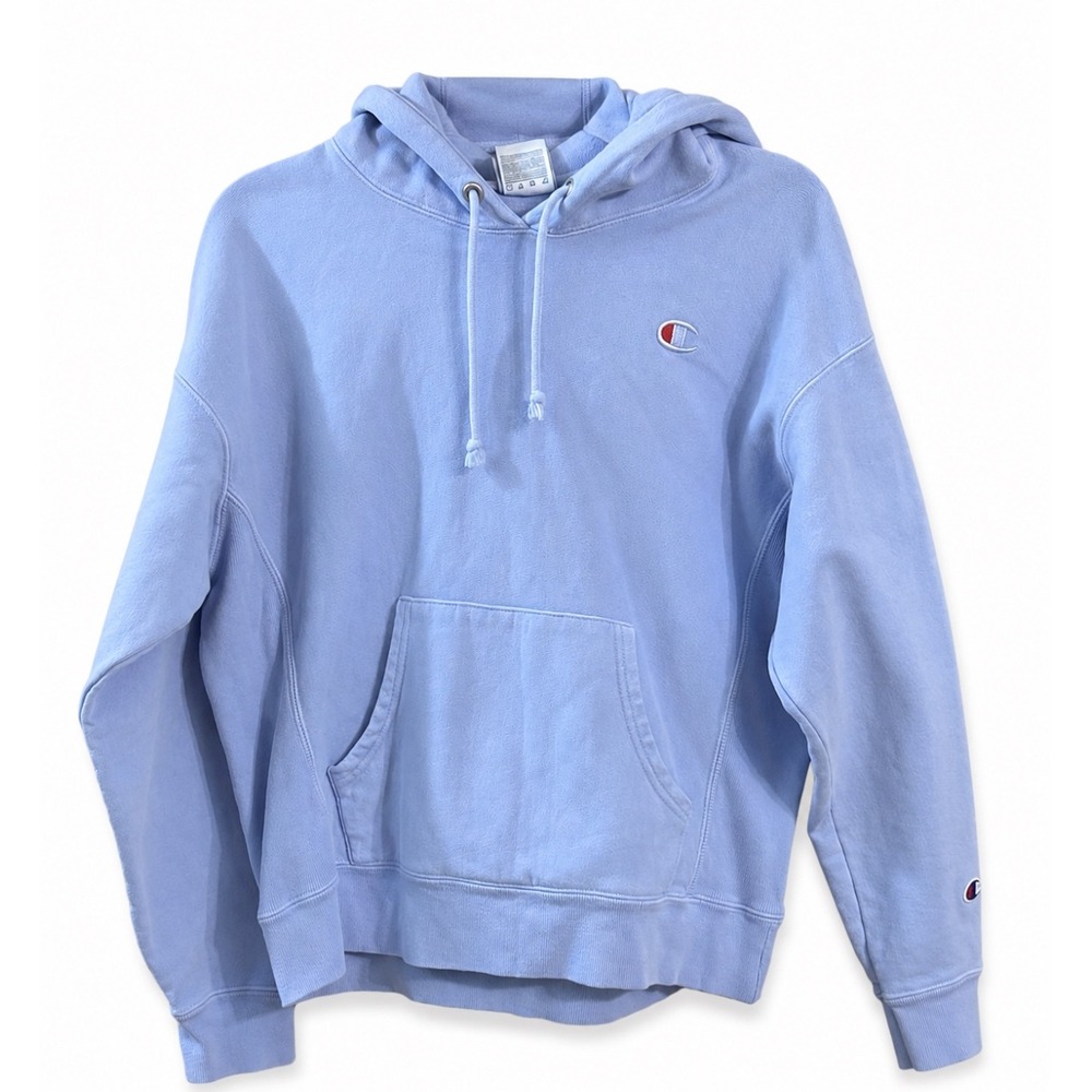 Champion Reverse Weave Light Blue Hoodie Medium Spellout Back Sweatshirt
